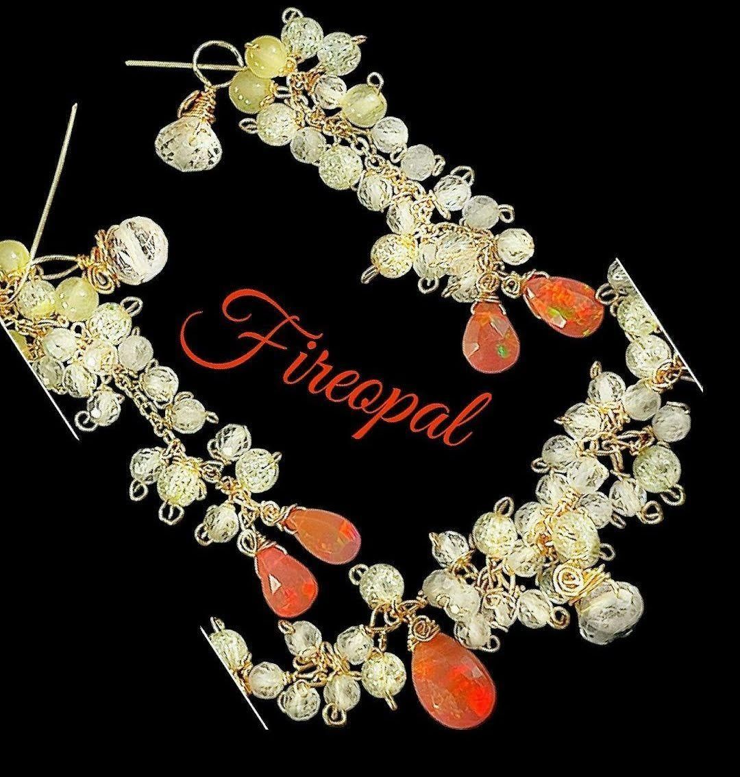 14Kgf 高品質 全遊色ファイヤーオパール ホワイトトパーズ ネックレス 誕生石