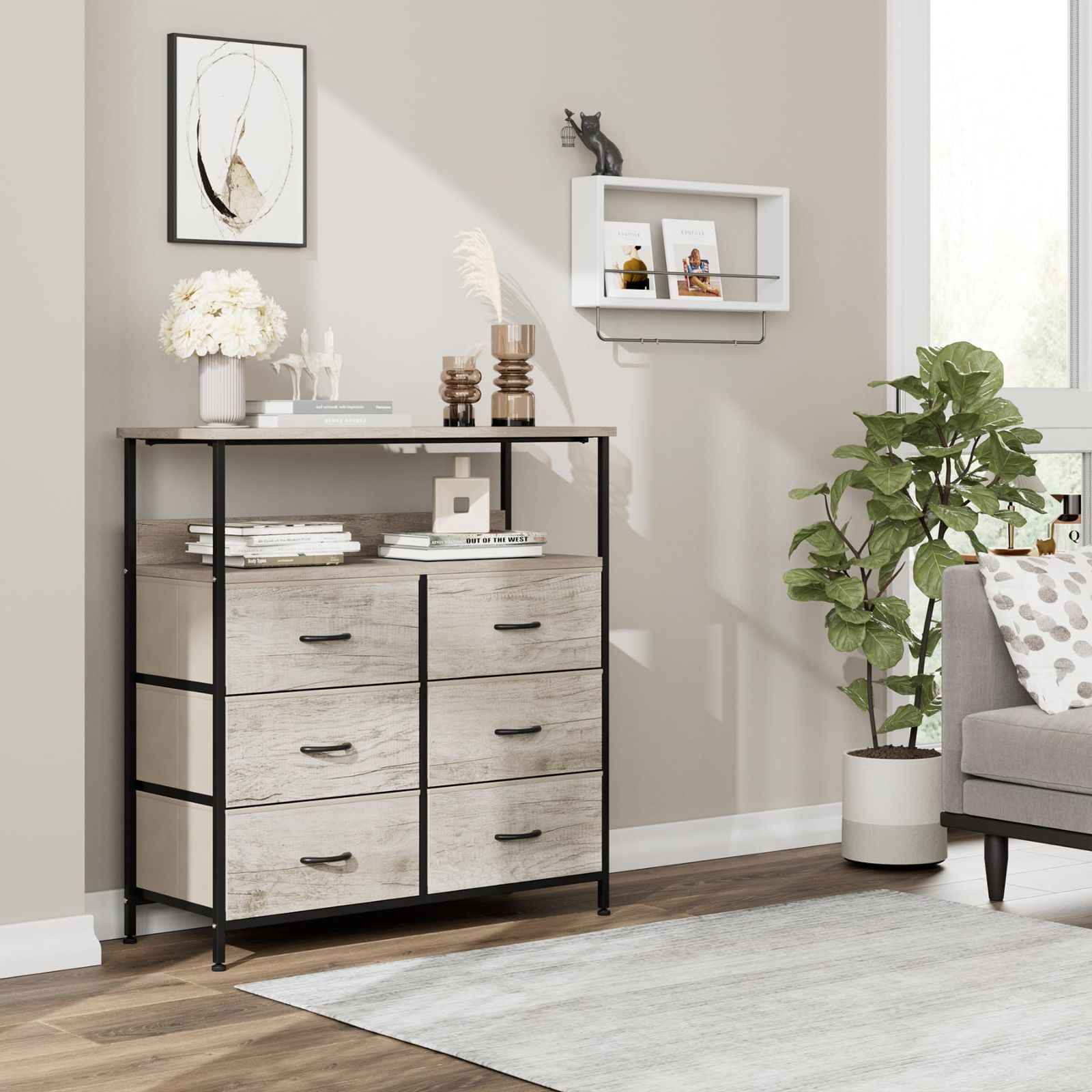 収納ケース 衣類収納 布製引き出し オーガナイザー 木製天板 キャビネット引き出し 転倒防止 タンス 3段6杯 収納 幅80×奥行30×高さ84.65cm 棚付き収納チェスト ライトウッドグレイン Nicehillチェスト