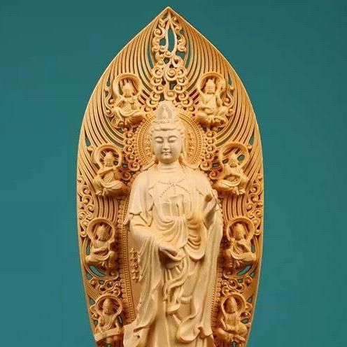 仏像 文殊菩薩・普賢菩薩像 金泥付 約28cm 三寸 本柘植 木彫り 彫刻