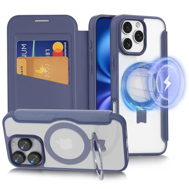 【Magsafe対応 多機能スタンド】smhokesu iPhone 16 Pro Max 用 ケース 手帳型 MagSafe対応 いphone16Promax ケース リング＆スタンド切り替え ワイヤレス充電対応 カード収納2枚 マグネット式 背面透明P 1