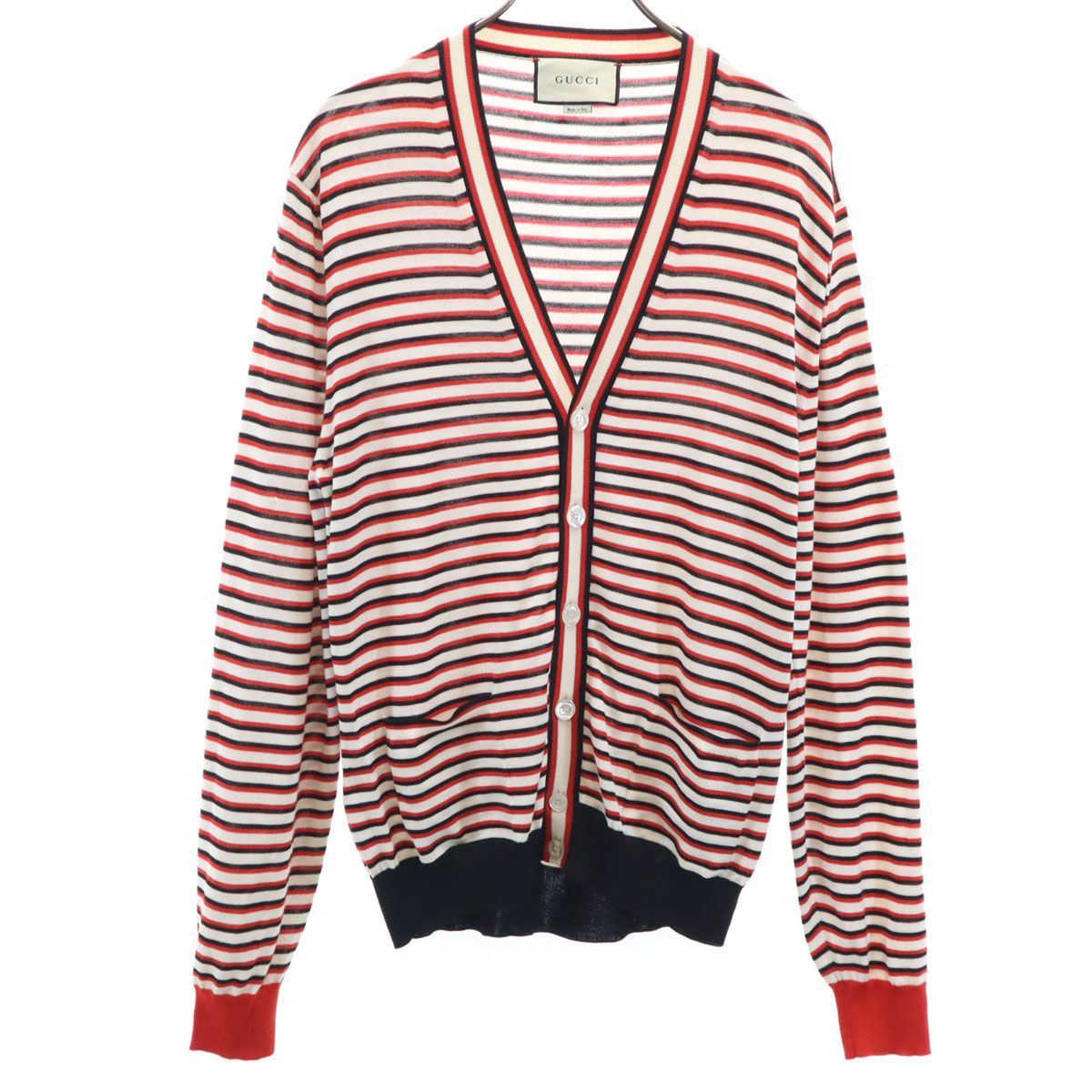 GUCCI グッチ イタリア製 ボーダー柄 長袖 Vネック カーディガン L レッド メンズ GUCCI グッチ イタリア製 ボーダー柄 長袖 Vネック カーディガン L