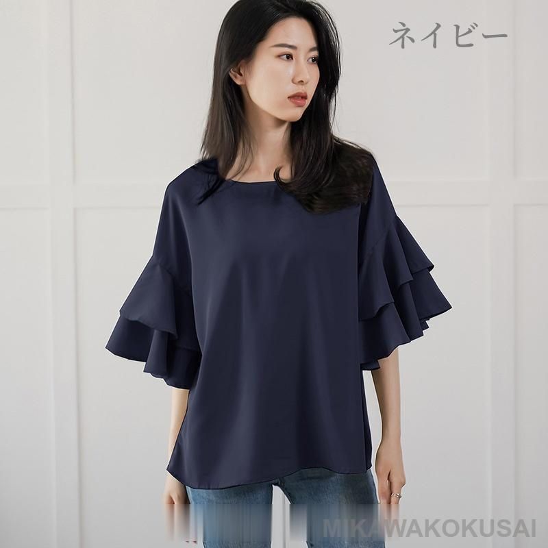 シャツ ブラウス レディース ボリューム ハーフスリーブ 5分袖 ティーアード トップス シフォン 半袖 ラウンドネック 春 夏 秋 フラワー袖 ゆったり 大きい 体 シャツ ブラウス レディース ボリューム ハーフスリーブ 5分袖