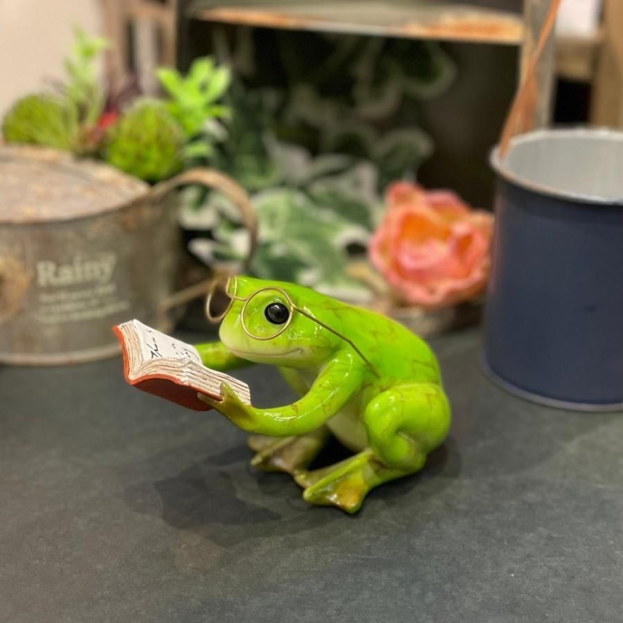 アマガエル 置物 メガネ蛙 EV13555A 高さ8cm 読書カエル かえる アマガエル 梅雨