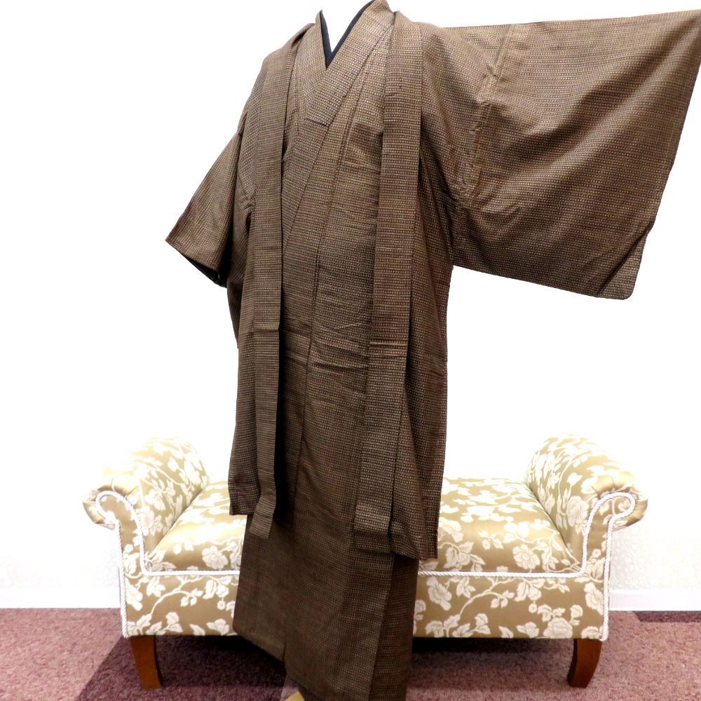 男着物 男性用 紬アンサンブルセット 袷 茶 ベージュ 正絹 男性用 男着物 男性用 紬アンサンブルセット 袷 茶 ベージュ 正絹 男性用