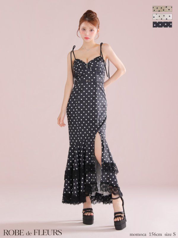 ブラック FM3299-BE-2508 XS-Lサイズあり ROBE de FLEURS|ローブドフルール ドット| サテン| レース| フリル| マーメイド| ロングドレス| キャバドレス
