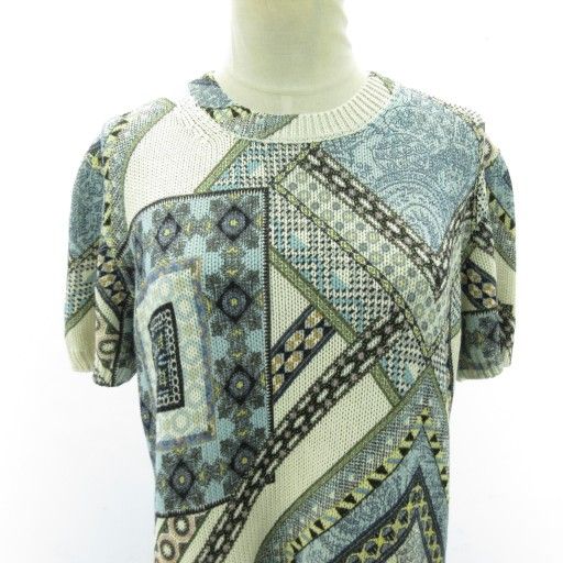 【中古】エトロ ETRO 極美品 近年 シルク ニット セーター リネン混 総柄 幾何学柄 青 ブルー 白 ホワイト 46 約L エトロ ETRO 極美品 近年 シルク ニット セーター リネン混 総柄 幾何