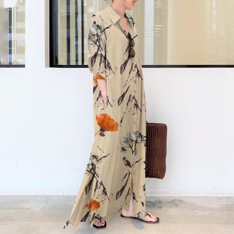 花柄 レディース Aライン ロングシャツワンピース 夏 春 シャツ