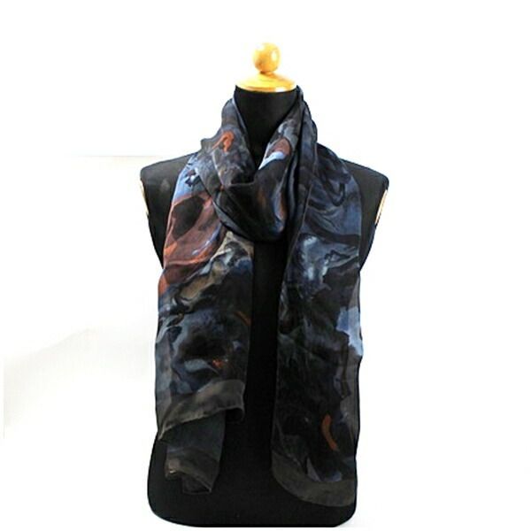 グッチ シルク 大判ストール 長方形 グレー×ブラック  Aランク