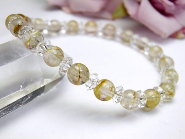 6mm_Simple_Combiブレスレット】 ルチルクォーツ&水晶ボタン 6mm_Simple_Combiブレスレット】 ルチルクォーツ&水晶ボタン