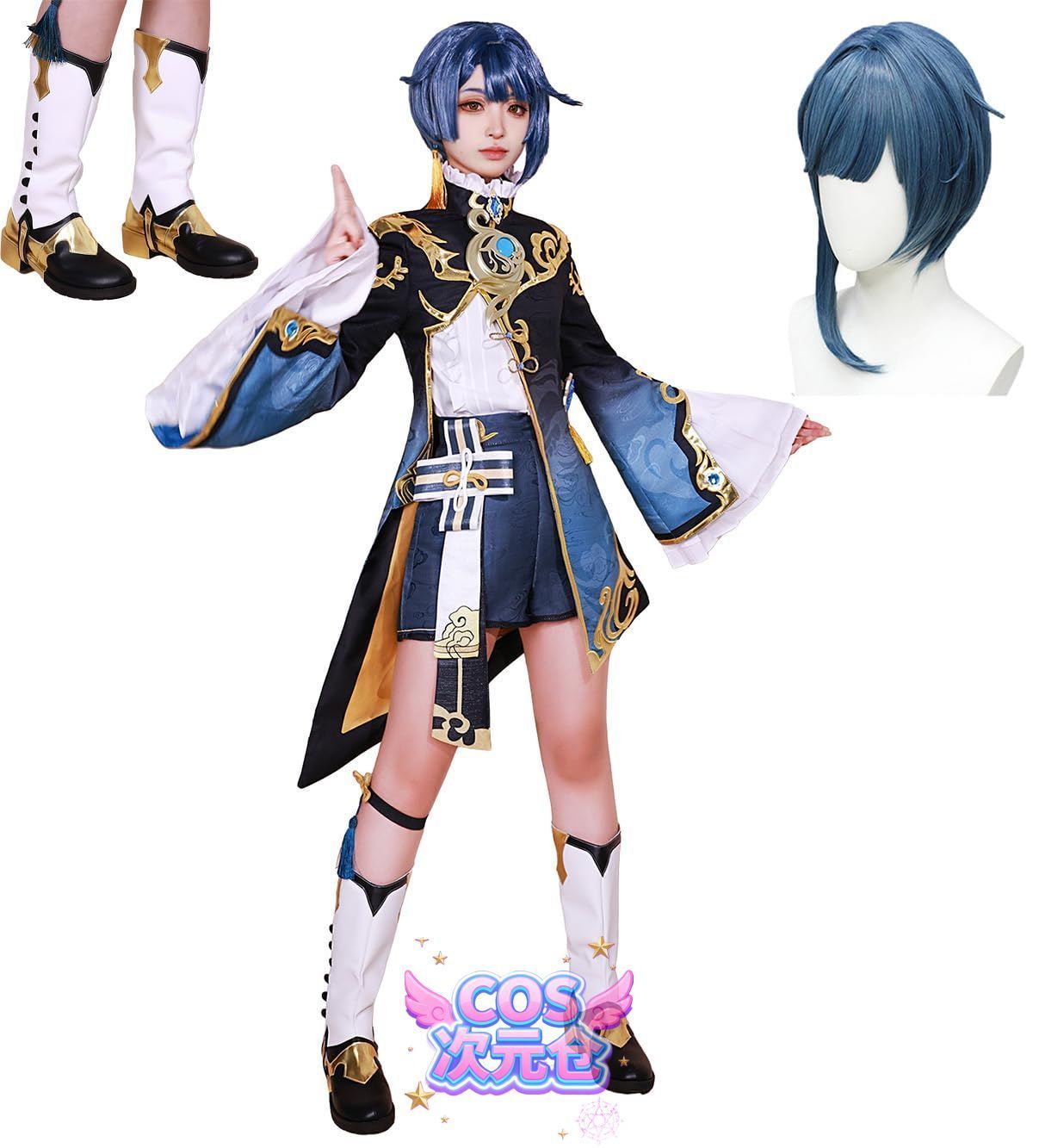 行秋A ウィッグ 靴 COSPLEE 原神 cosplay 甘雨 申鶴 行秋 刻晴 空 リネ アルレッキーノ 鍾離 閑雲 ウイッグ-靴付き コスチューム 変装 コスプレ衣装 仮装
