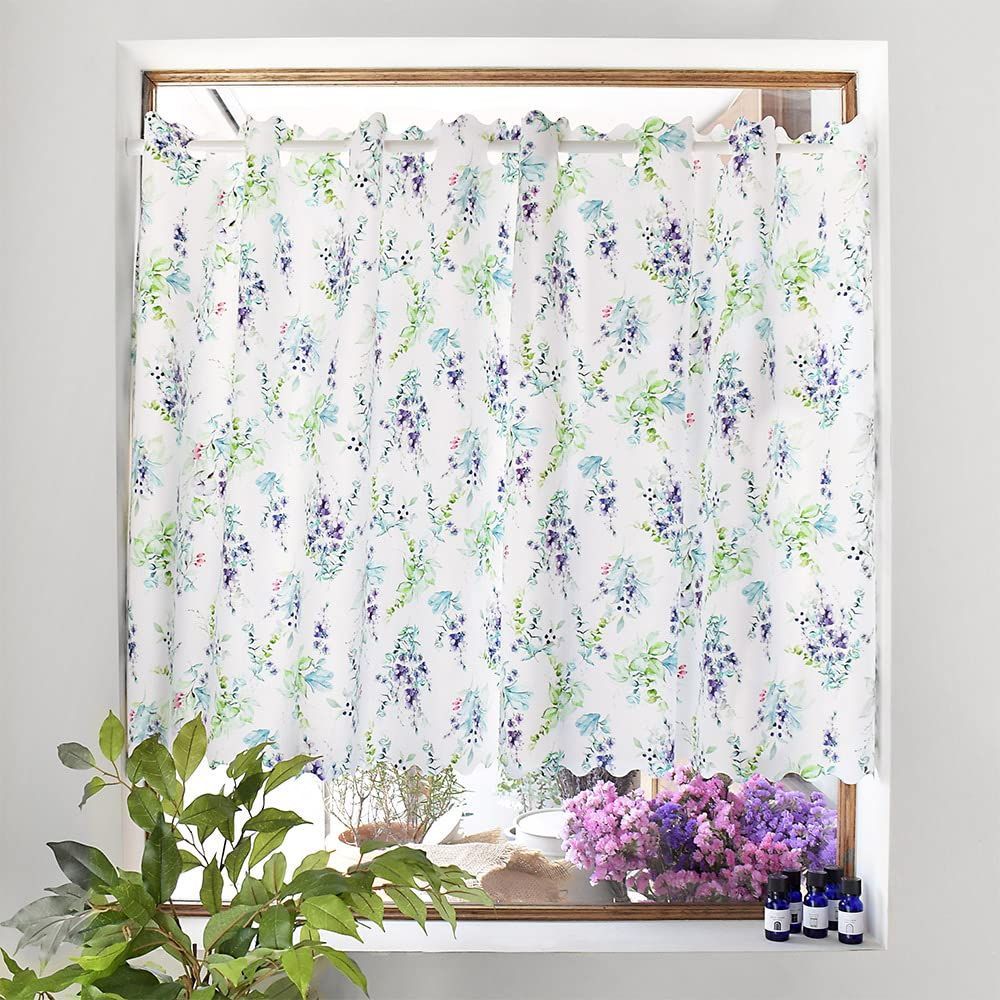ブルー ボタニカル 花柄 お風呂 幅100 cm 70 cm丈 目隠し おしゃれ 小窓用 ラミネート カフェカーテン Decor スタイルデコール STYLE