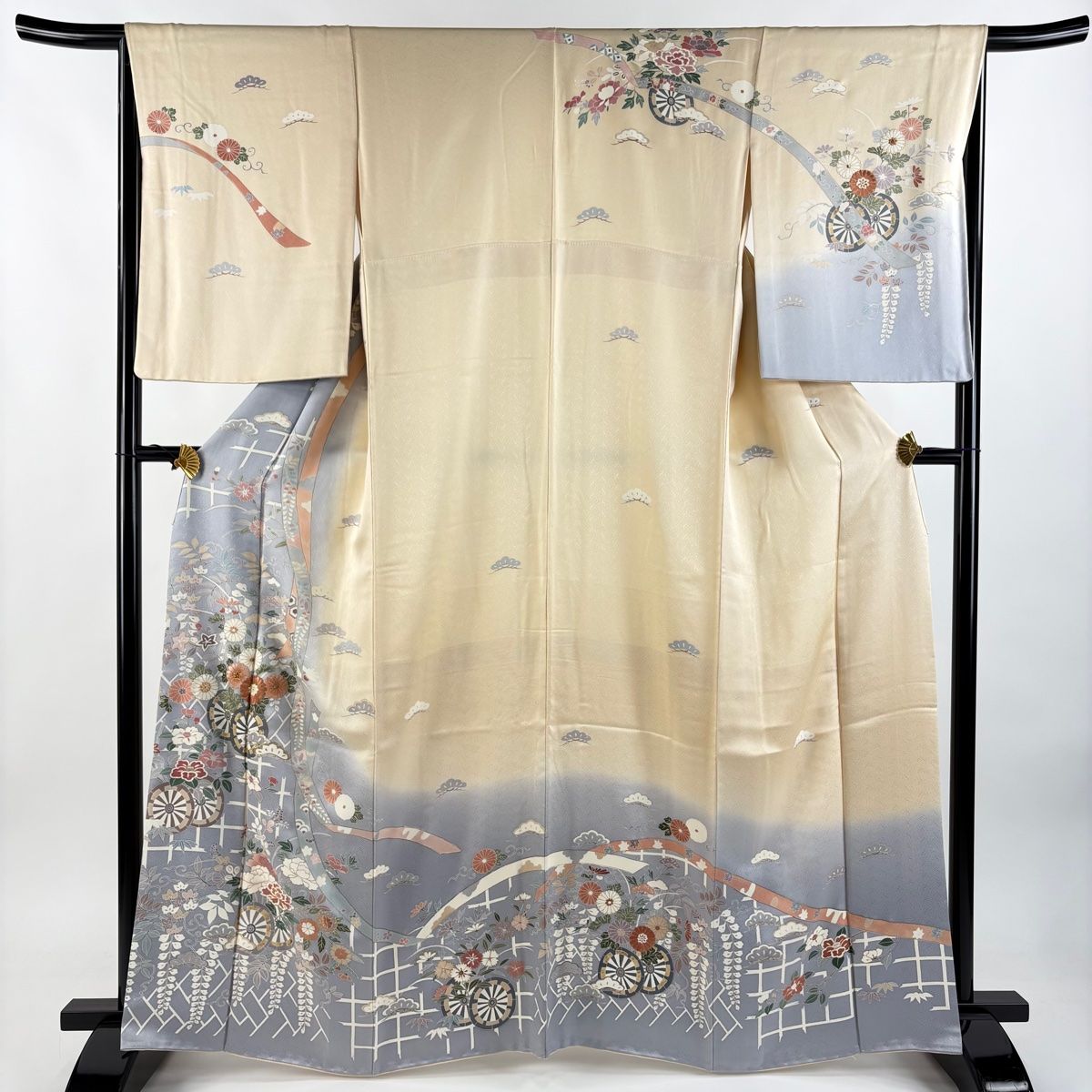 訪問着 身丈163.5cm 裄丈66.5cm M 袷 花車 蔓帯 金糸 金彩 灰色 正絹 秀品