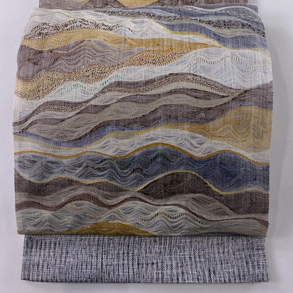 袋帯 秀品 霞 幾何学模様 金銀糸 箔 灰色 六通 正絹