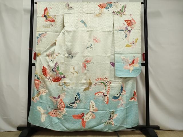 豪華振袖　駒刺繍　流水舞鳥文　暈し染め　金彩　着丈168cm　正絹　逸品 振袖レンタル・烏羽色 黒系 暈し染め 駒刺繍 金彩 熨斗 吉祥文