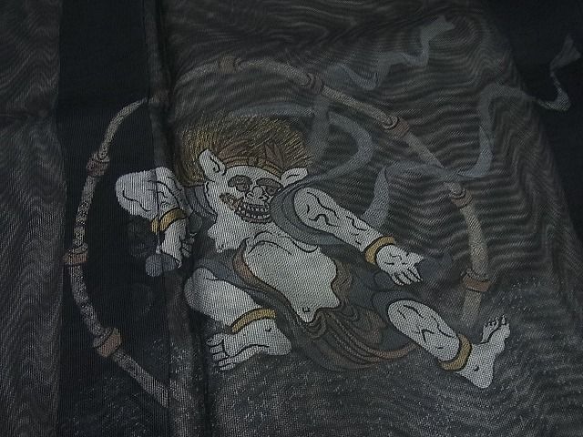 平和屋本店■極上　夏物　訪問着　無双　紗袷　紗×紗　風神雷神　金彩　黒地　パールトーン加工　逸品4s305 平和屋本店□極上 夏物 訪問着 無双 紗袷 紗×紗 風神雷神 金彩 黒地