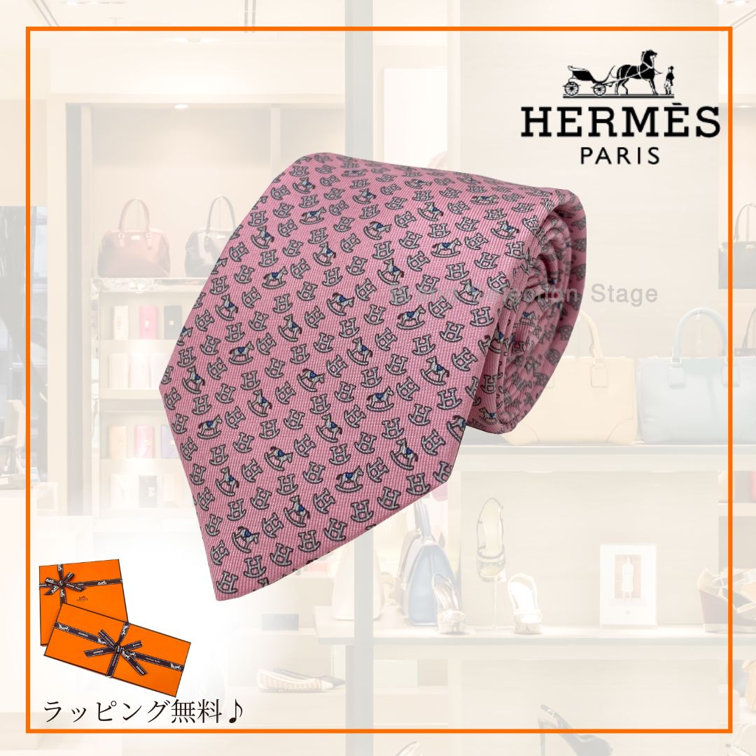エルメス HERMES ネクタイ シルクツイルタイ 7CM ロッキング ホース ROSE | GRIS | BLEU DENIM ピンク グレー ブルーデニム H006328T 19