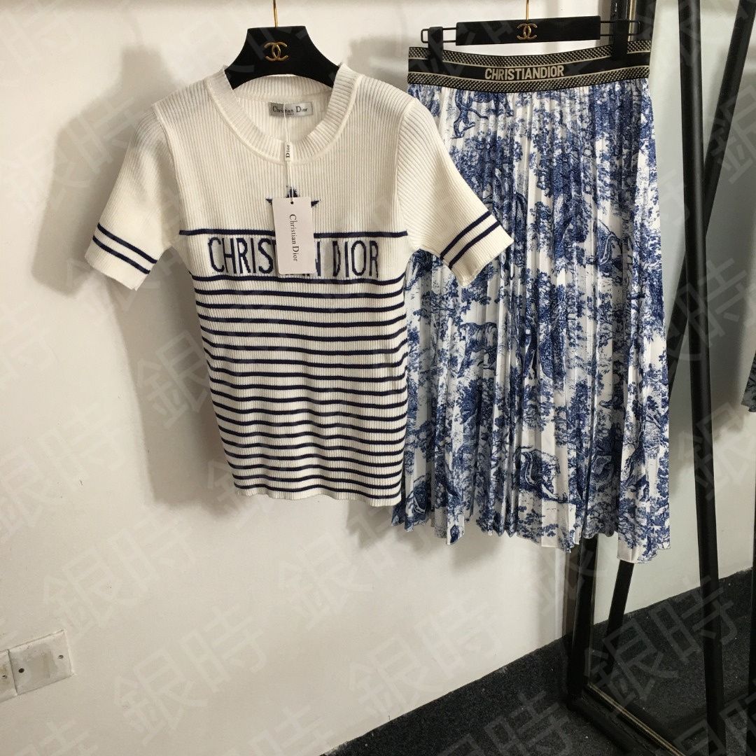 極美品 DIOR クリスチャンディオール スーツ  半袖（tシャツ）/プリーツスカート 白/紺色