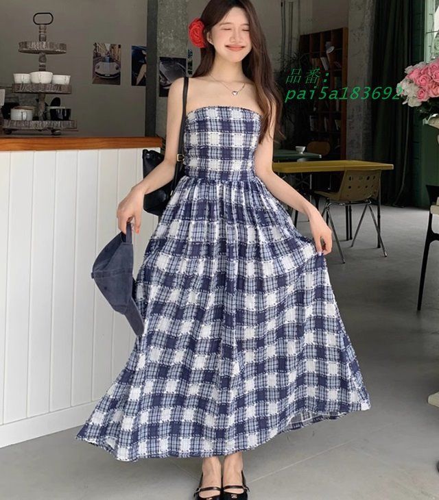 ワンピース ロング チューブトップ ベアトップ ワンピース チェック カジュアル ゆったり ワンピース ワンピース レディース 体型カバー マキシ丈 夏 ワンピース pai5a183692