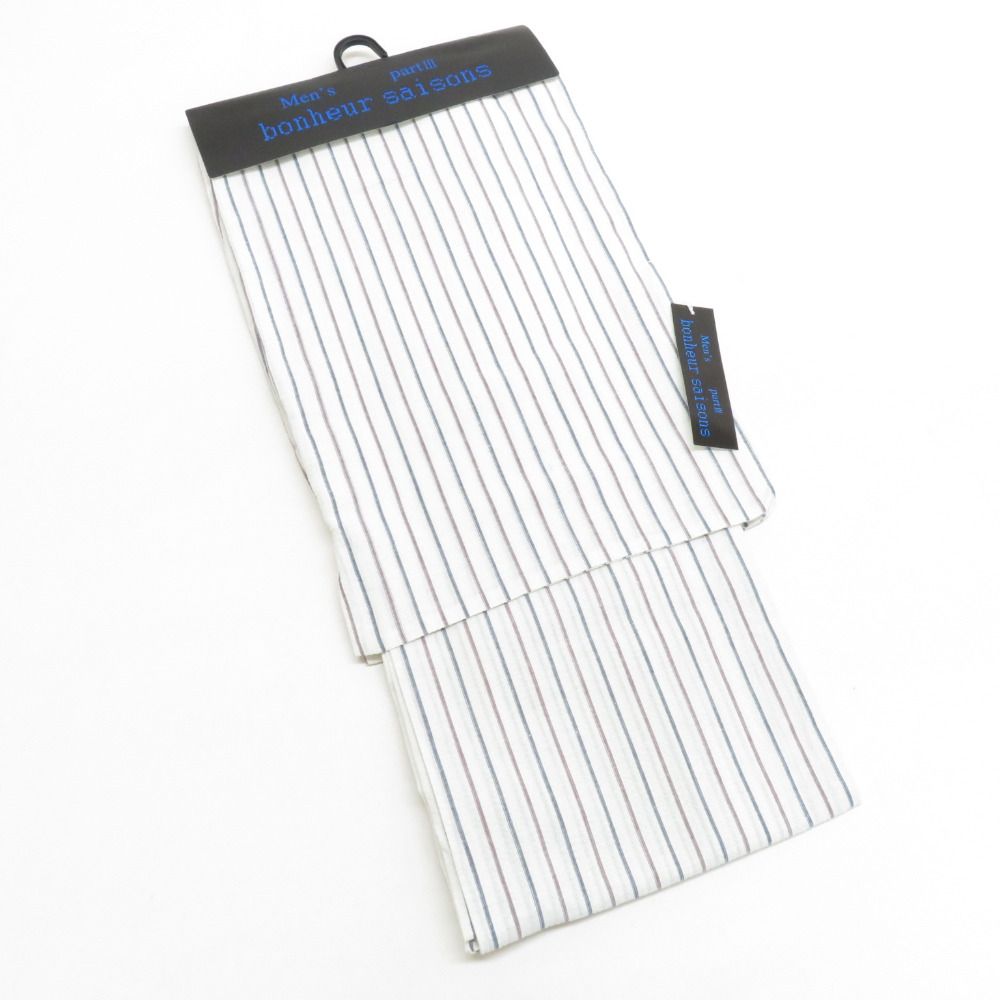 bonheur saisons ボヌールセゾン 浴衣 メンズ 男性用ゆかた Mサイズ 白色 縞柄 綿麻 しじら織り 夏祭り 花火大会 男物 身丈142 cm