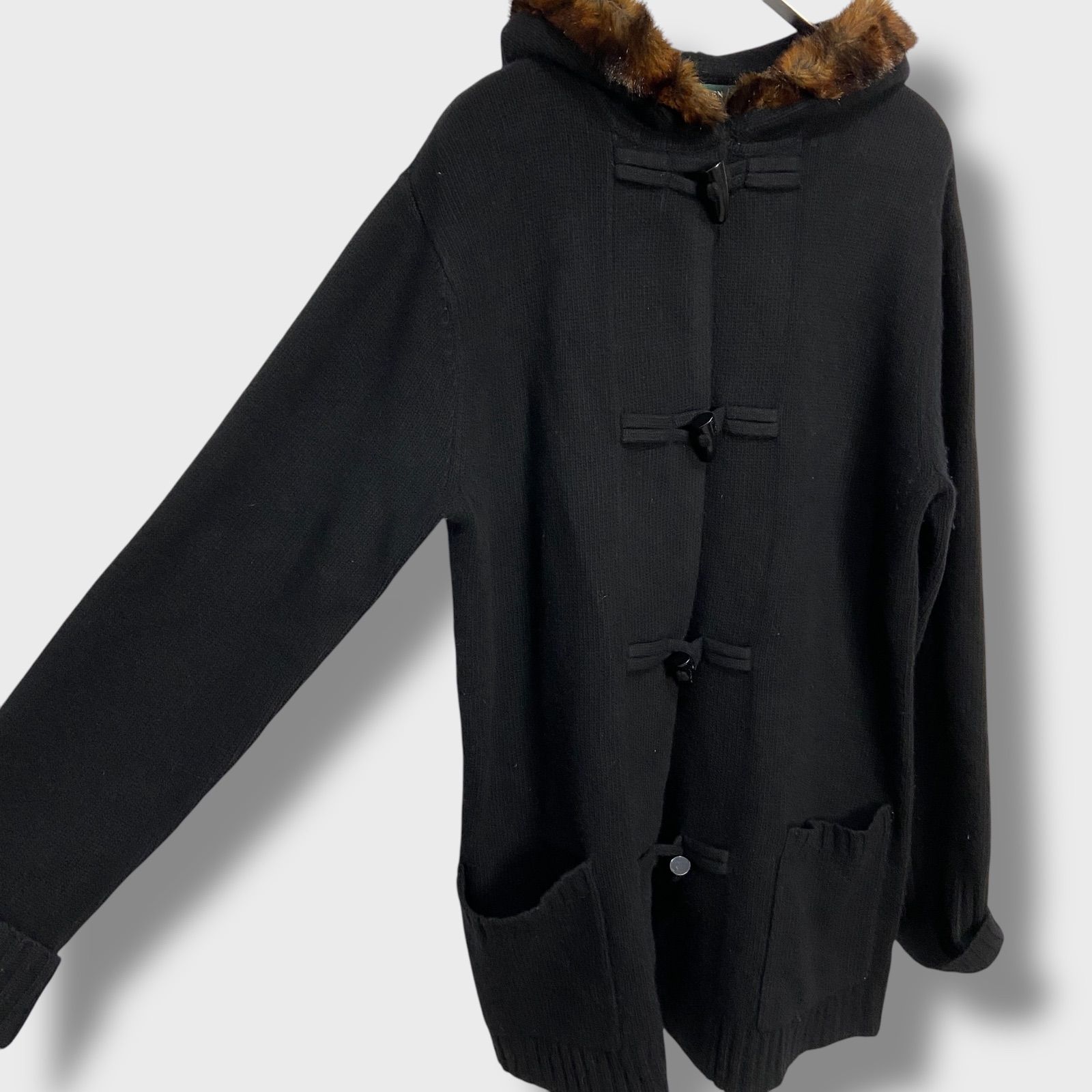 Polo by Ralph Lauren フード付きニットダッフルコート M ☆Ralphlauren☆ファー付きフード☆ニット素材ダッフルコート☆M☆黒