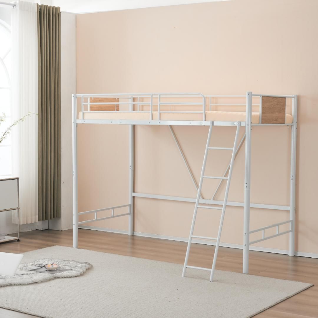 新品】ホワイトロフトベッドパイプベッドシングル木収納スチール