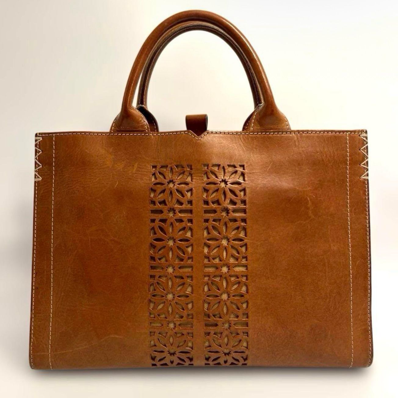 ✨genten ゲンテン カットワーク レザートートバッグ ブラウン190 