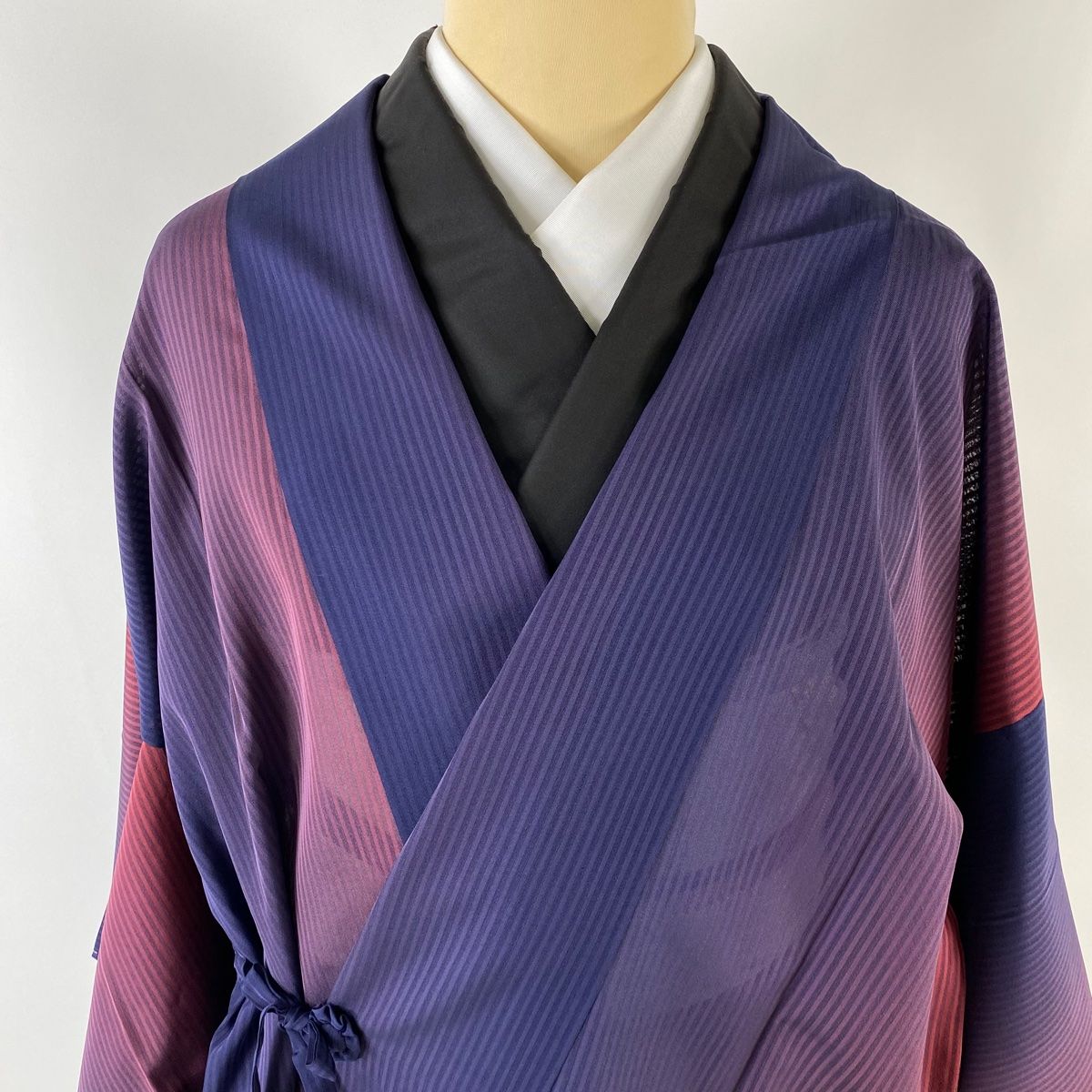 道中着 身丈128.5cm 裄丈69cm L 和装コート 縦縞 紫 正絹 美品 逸品  