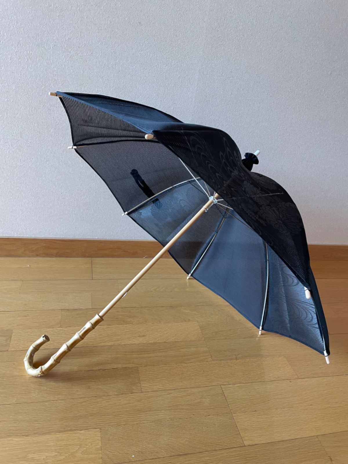 シルク ハンドメイド 黒 日傘 ★ 新品 未仕立 夏用 絽 絹 黒帯 使用★
