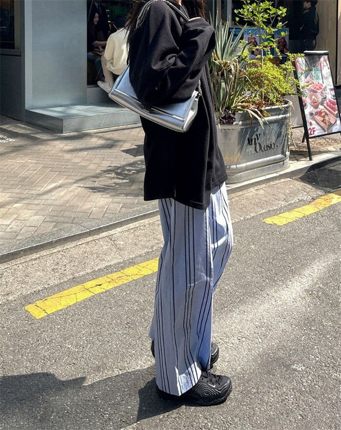 ストライプ ワイドパンツ レディース 春 夏 秋 パンツ ガチョウ