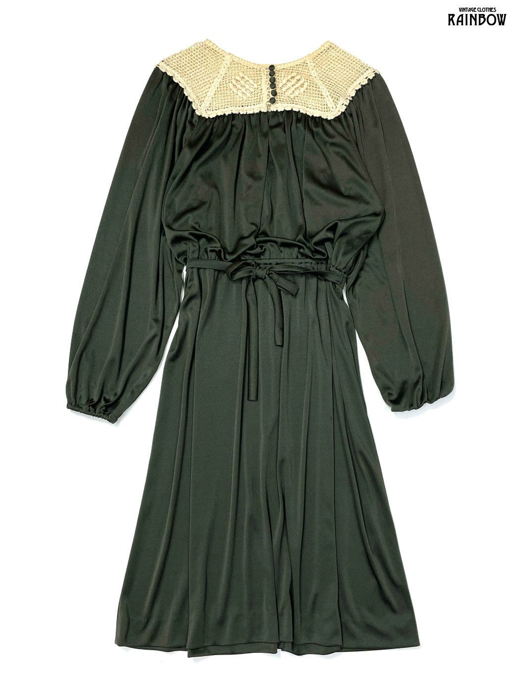 古着 レース ベルト付き 無地 ロング丈 長袖 ワンピース 緑 otu2508075