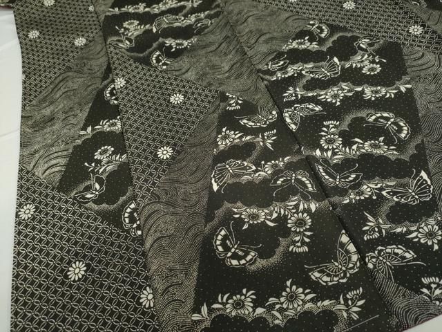 平和屋着物○小紋 草花文 黒地 鬼しぼ縮緬 洗える着物 CAAS8710vf