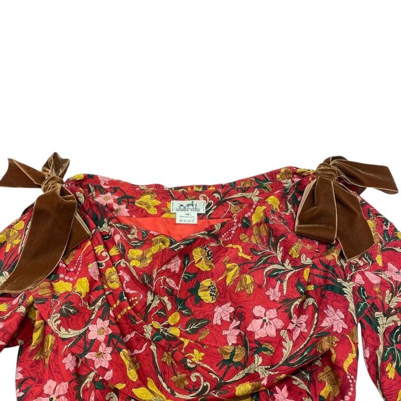 エルメス HERMES 花柄長袖ワンピース レッド シルク レディース  