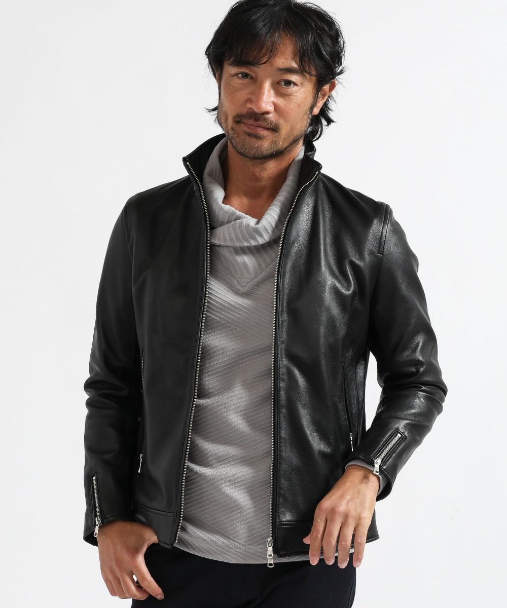 TÊTE HOMME グレー レザーライダースジャケット TETE HOMME（テットオム）の「SHEEP LEATHER JACKET / スタンド