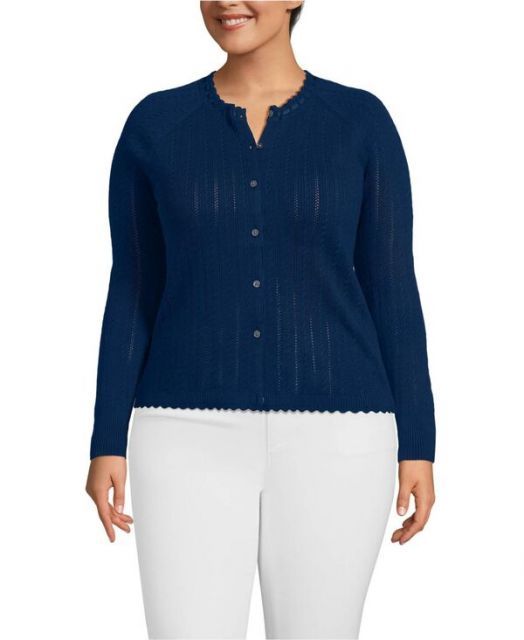 送料無料 ランズエンド レディース ニット セーター アウター Plus Size Cotton Pointelle Satin Trim Cardigan Sweater Deep sea navy
