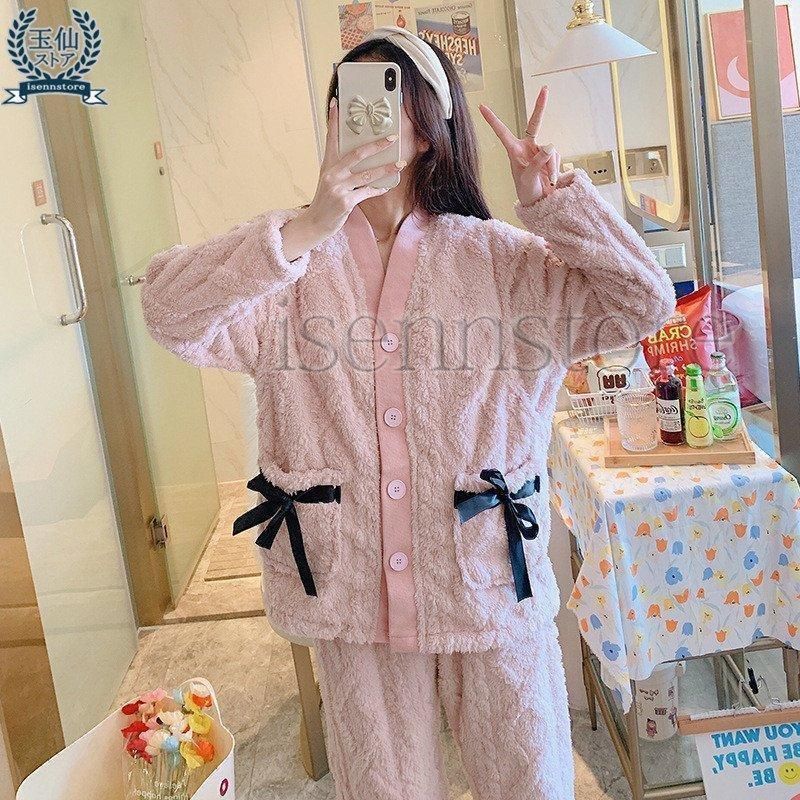 マタニティーパジャマ レディース ルームウェア 上下セット 冬 もこもこ パジャマ 長袖 前開き 授乳口付き 産後 フランネル パジャマ 部屋着
