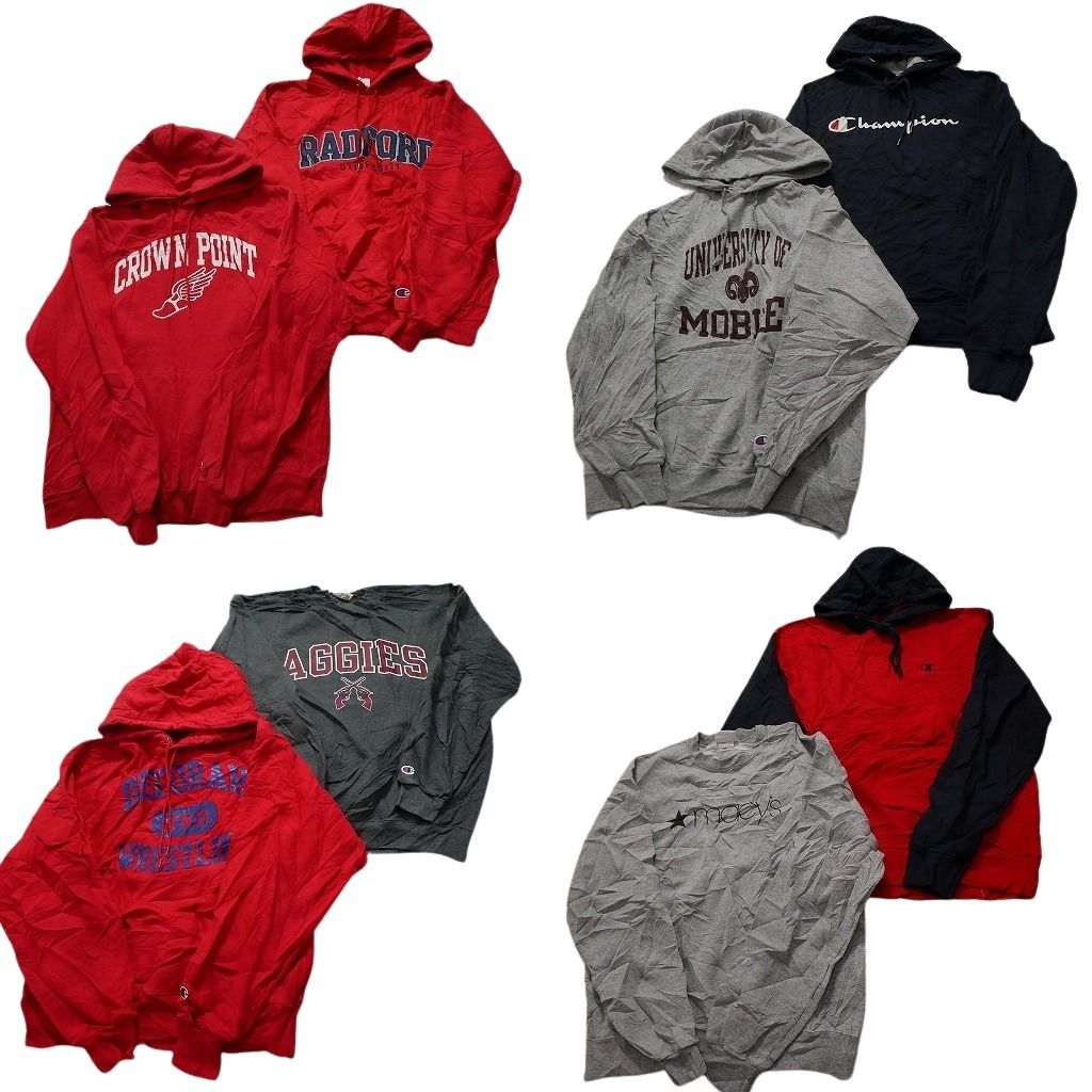 古着卸 まとめ売り チャンピオン Champion スウェット 8枚セット メンズ M ラグラン カレッジ風 ３段ロゴ フーディー 古着 NC0983