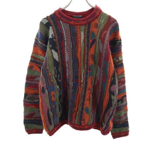 クージー 90s オールド 3D 総柄 長袖 ウール セーター M レッド系 COOGI ニット メンズ 古着 【240119】
