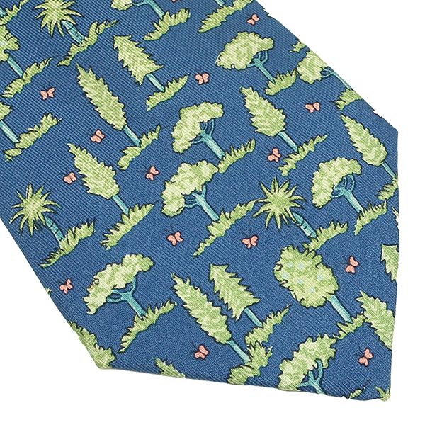 エルメス HERMES ネクタイ 植物柄 9cm シルク ブルー×ライトグリーン 青 黄緑 木 森  【中古】 エルメス HERMES ネクタイ 植物柄 9cm シルク ブルー×ライトグリーン