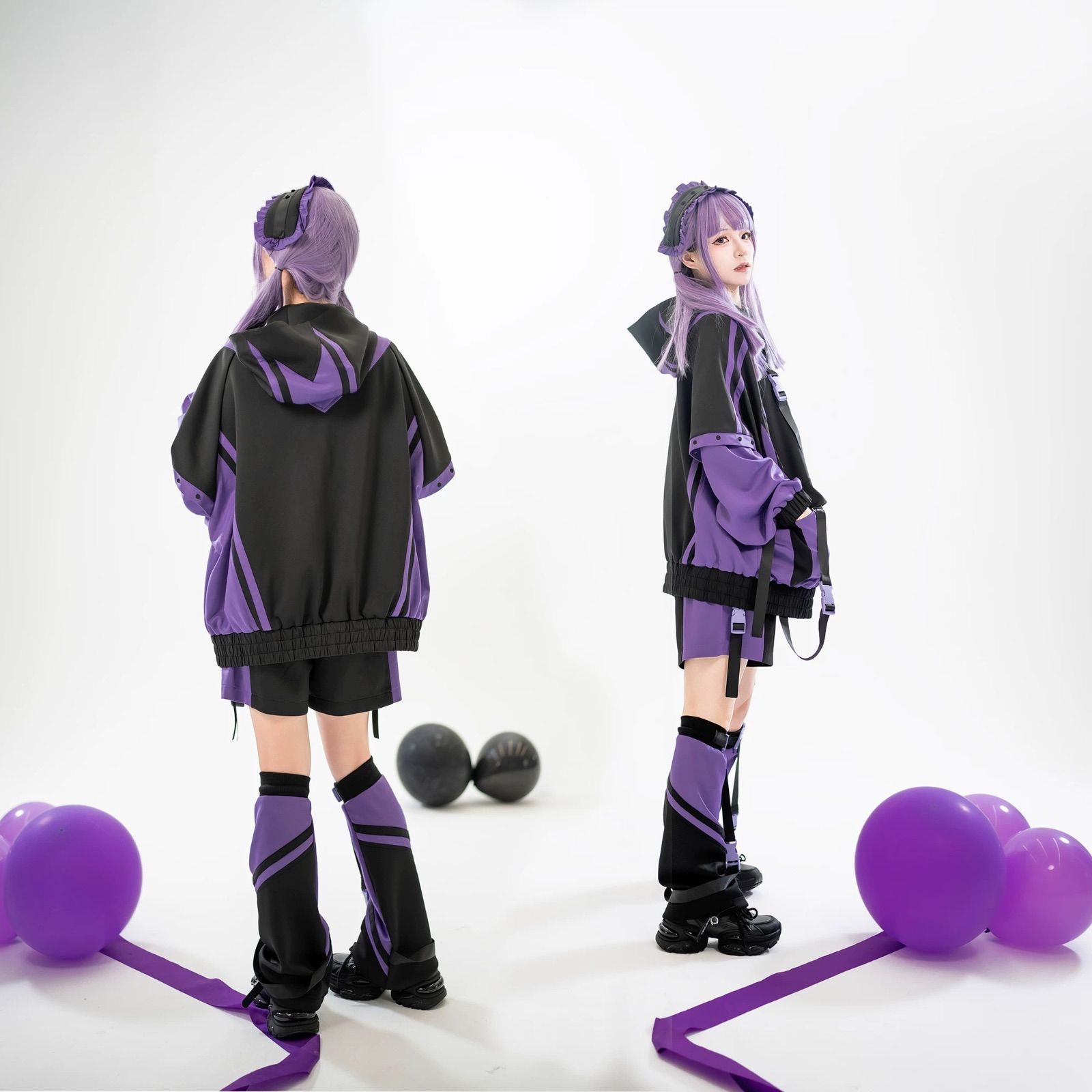 パープル ブラック 渦雷系 セットアップ ジェンダーレス ハイネック ジップアップ サブカル 服 オーバーサイズ 大きめ ゆったり