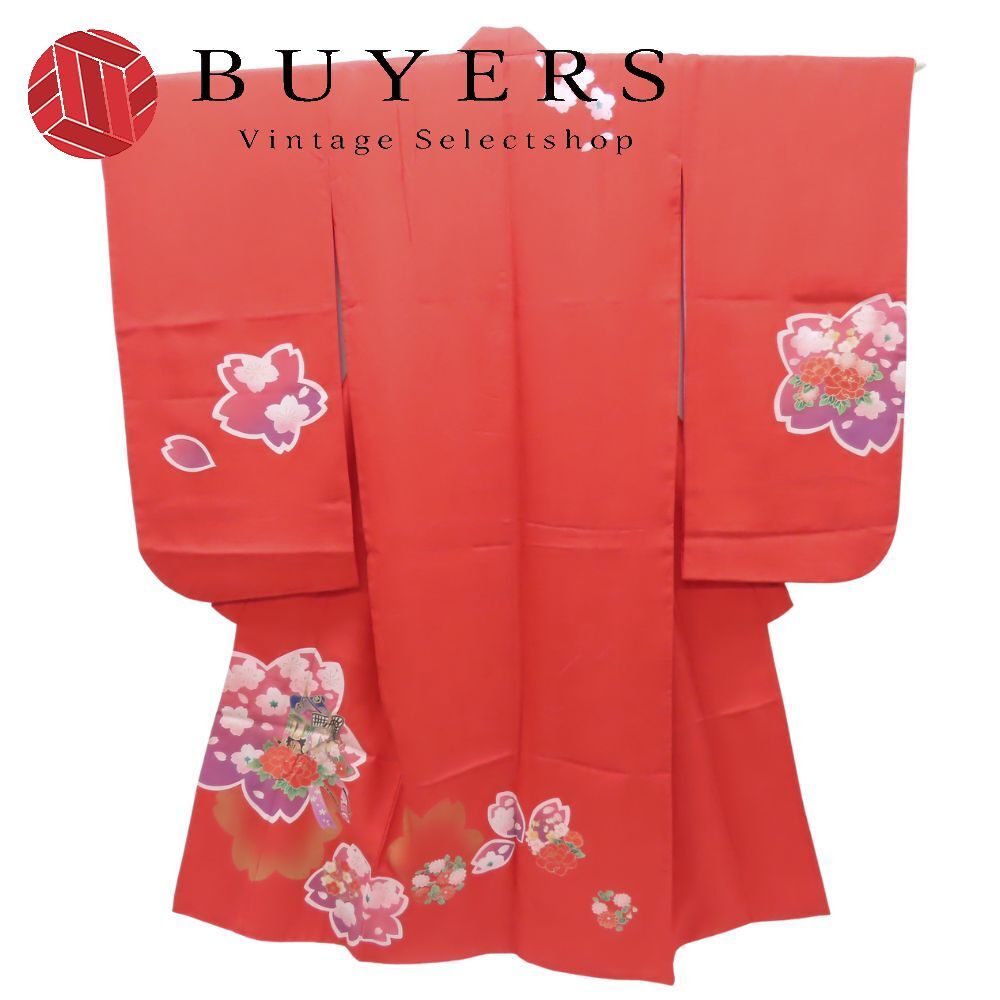 子供着物 祝い着 合成繊維 レッド 7歳用 七五三 重ね襟つき 和装 呉服 和服 きもの