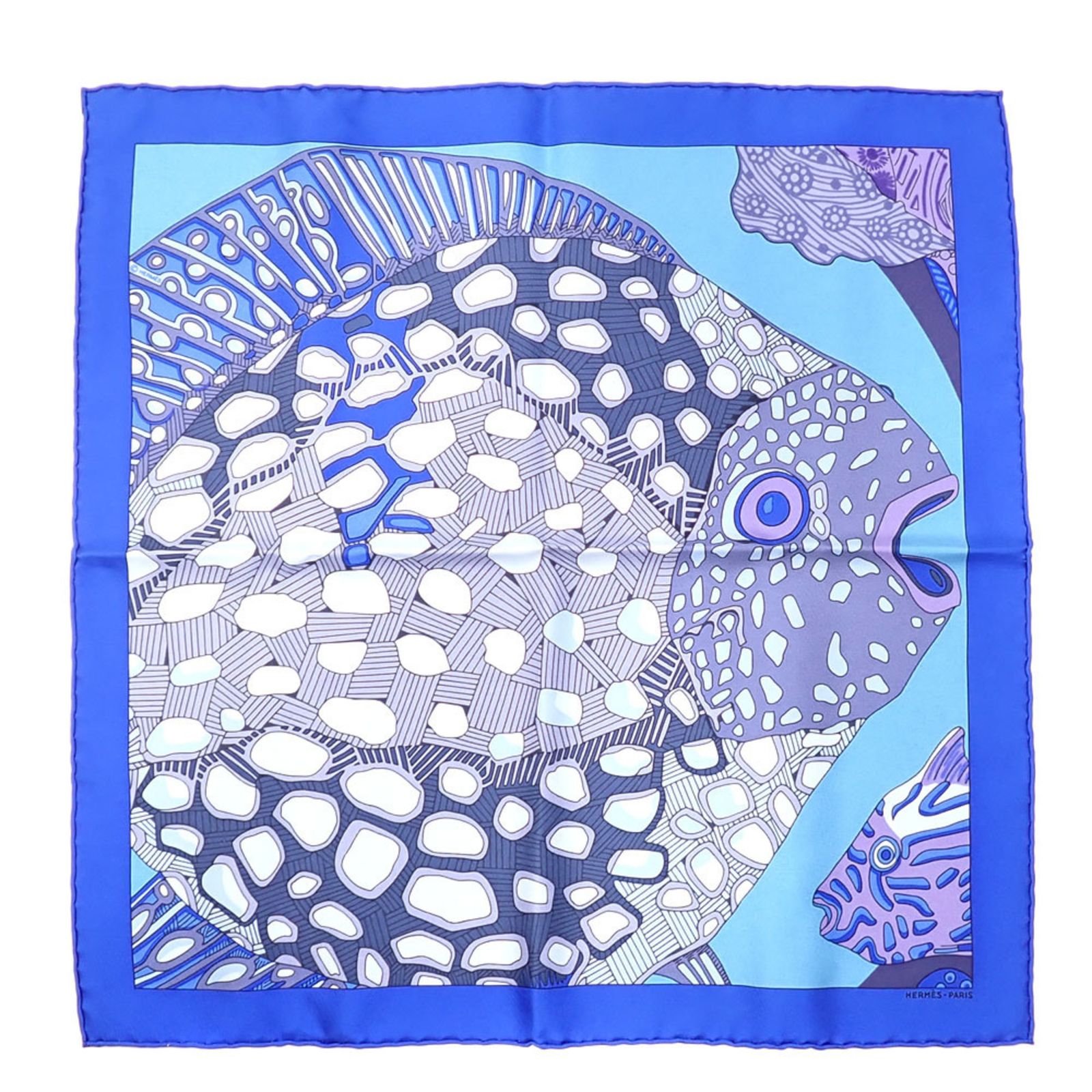 エルメス Hermes エルメス カレ 40 ポケットチーフ メンズ ブルーマルチ シルク HERMES 深海魚 プチカレ A6049599