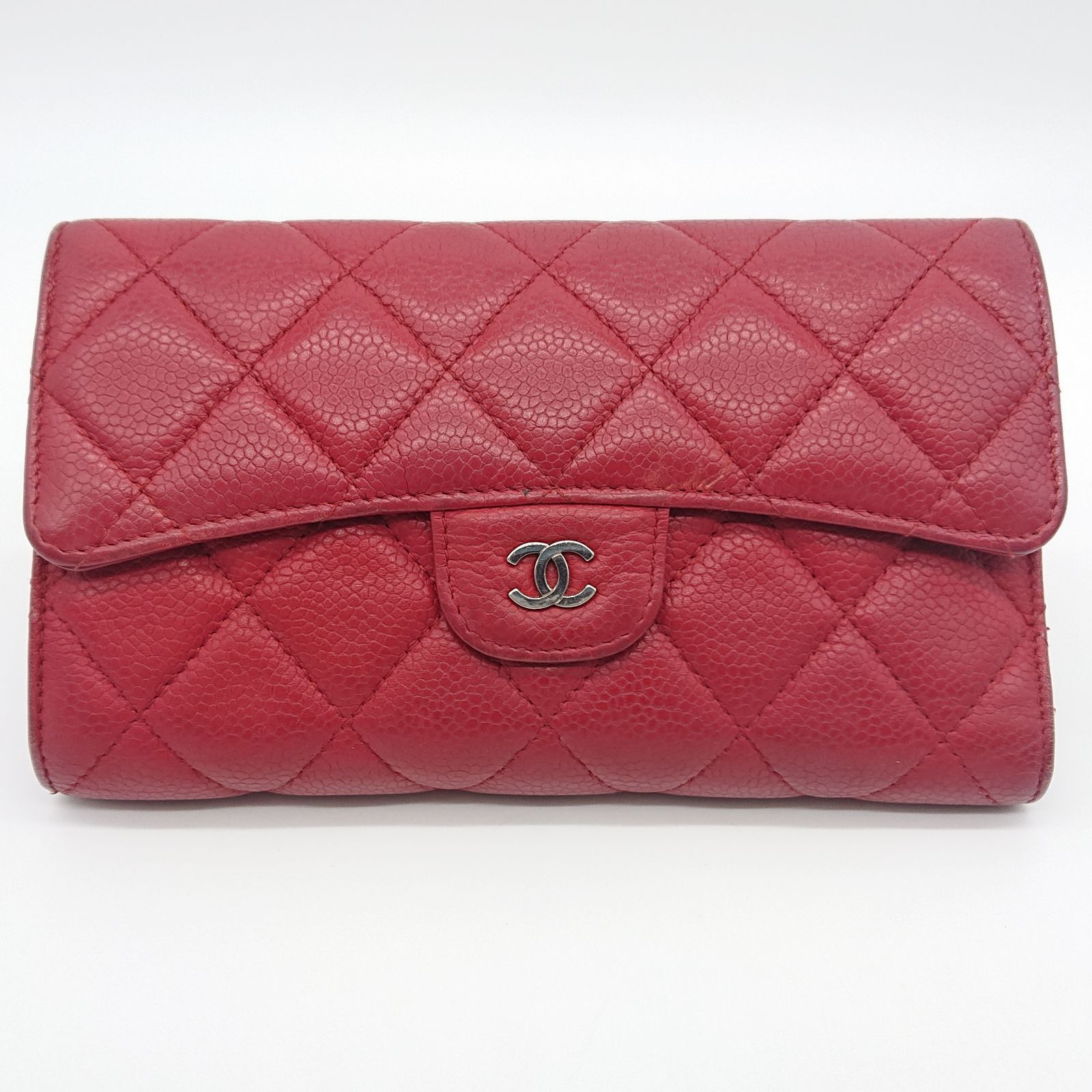 CHANEL シャネル マトラッセ キャビアスキン三つ折り財布 レッド