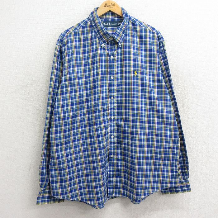 XL/古着 ラルフローレン 長袖 ブランド シャツ メンズ 90s ワンポイントロゴ 大きいサイズ コットン ボタンダウン 青他 ブルー チェック 24