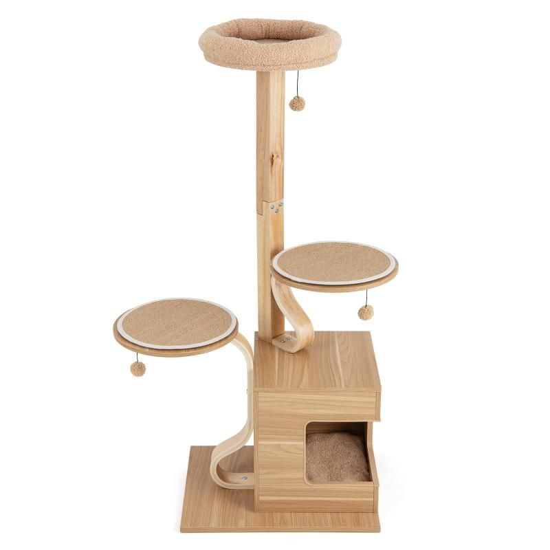 COSTWAY キャットタワー 猫タワー ネコタワー 高さ129cm 木製 据え置き 多頭飼い ねこタワー 猫用品 ポンポンじゃらし付き 爪とぎ 爪磨き 安定 おしゃれ 運動不足解消 ストレス解消 猫
