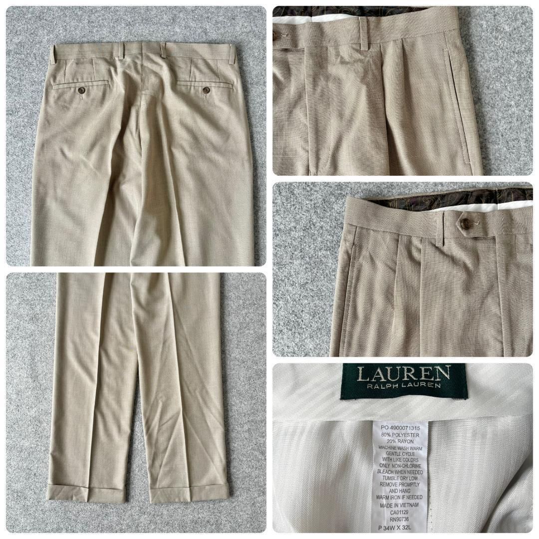 LAUREN RALPH LAUREN 2タック ワイド スラックス ベージュ ラルフローレン】2タック ワイド スラックス ダブル 光沢 ベージュ W34