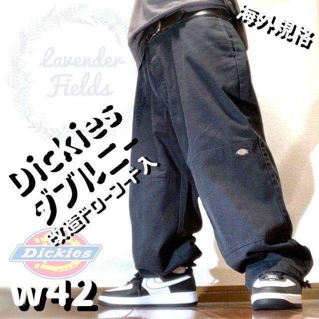 Dickies 改造ドローコード入ダブルニーブラックワークパンツ極太ルーズ 