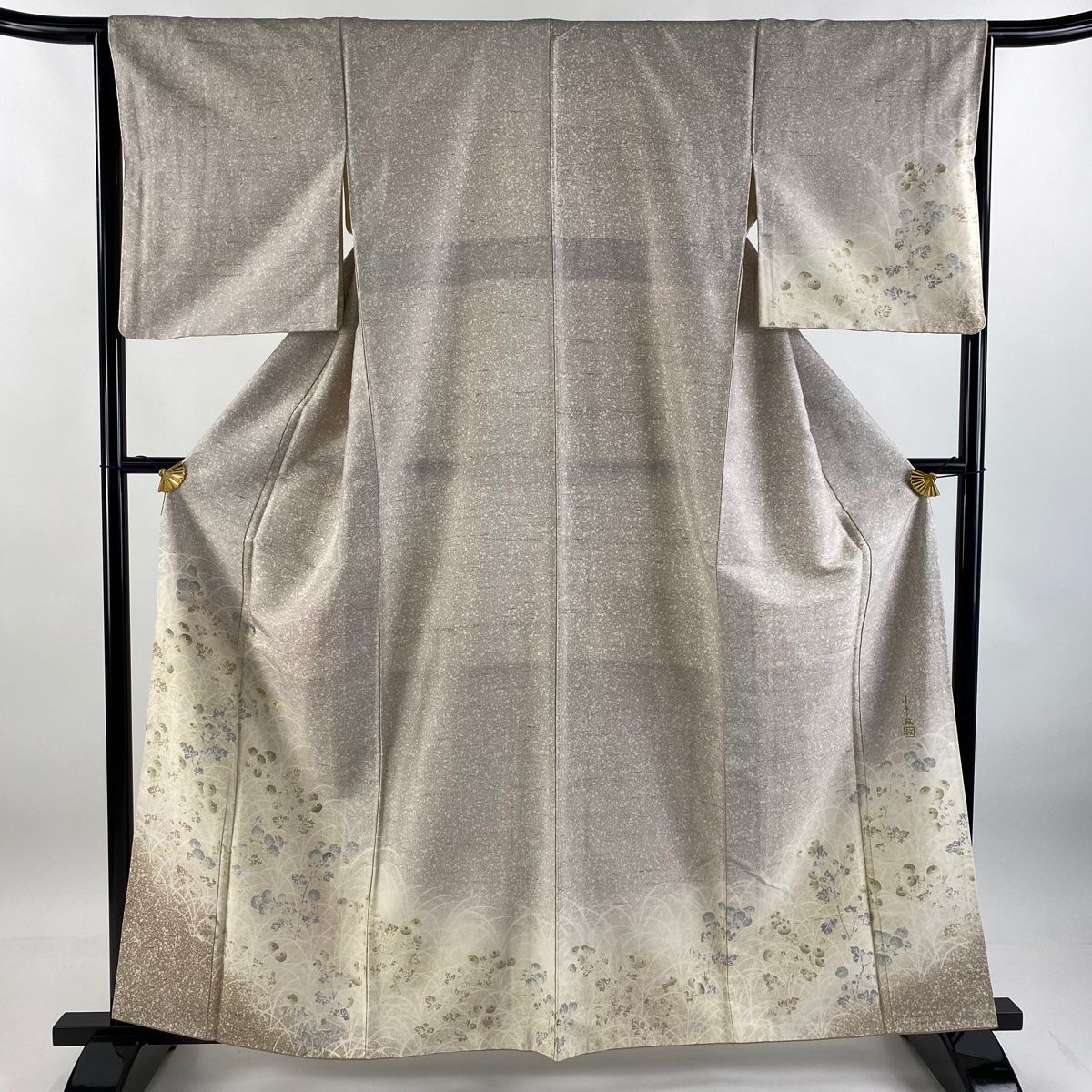 訪問着 身丈160cm 裄丈65cm M 袷 小糸敏 落款 万寿菊 葉柄 刺繍 金糸 薄小豆 正絹 名品