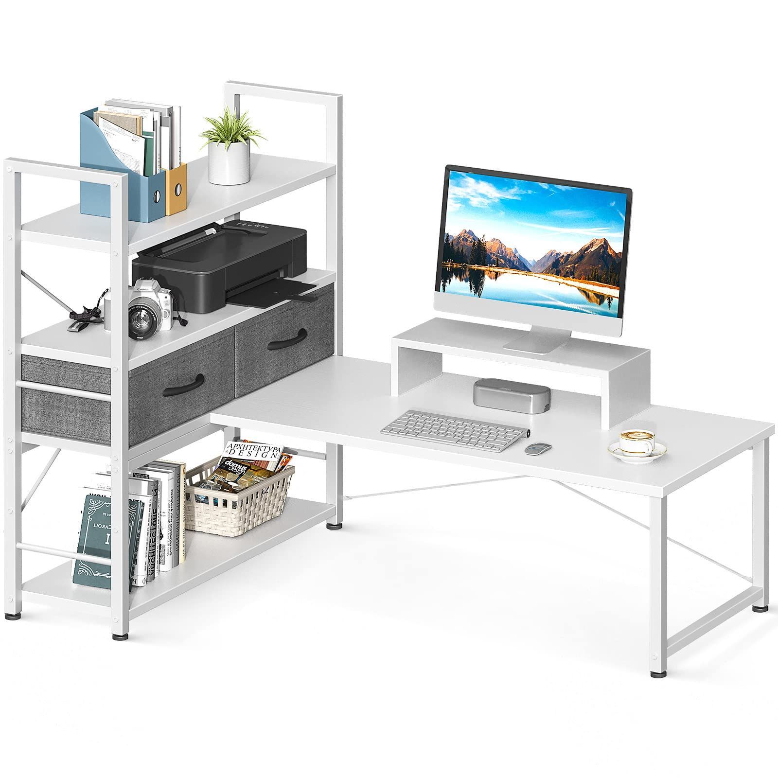 人気商品 ロータイプ パソコンデスク 幅120cm 引き出し付き モニター台付き ゲーミングデスク pcデスク ローデスク 4段収納ラック付き 左右入れ替え対応 ローテーブル 省スペース ODK 在宅勤務 机 おしゃれ ホワイト