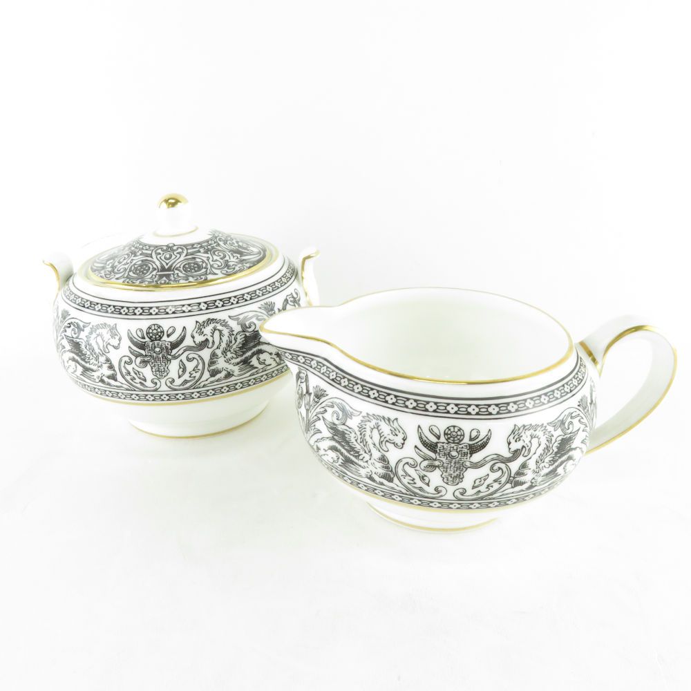 WEDGWOOD ウェッジウッド フロレンティーンブラック シュガーポット-クリーマー 2点 セット 砂糖 ミルクジャグ 金彩 黒 壺印 SU6471C