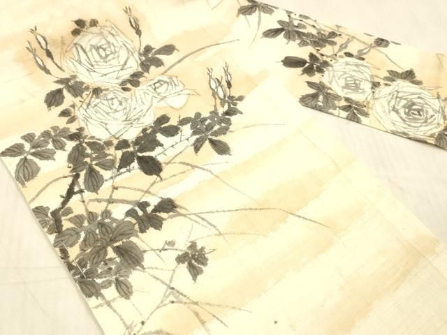 平和屋着物 夏物 九寸名古屋帯 作家物 手描き 紬地 薔薇 草葉文 正絹 DAAW4502cm